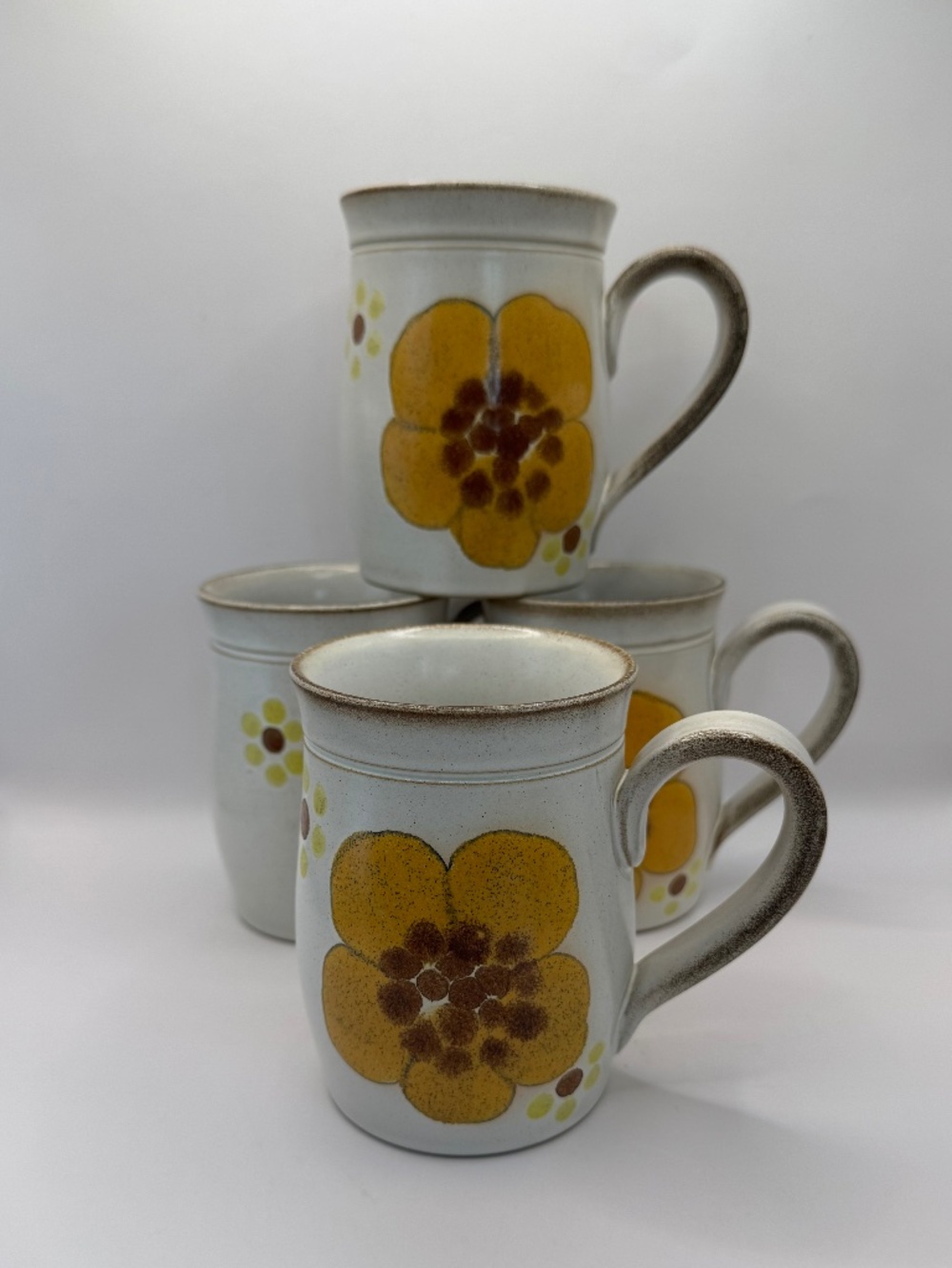 Denby Minstrel Coffee Mugs Vintage Yellow Floral Set of 4